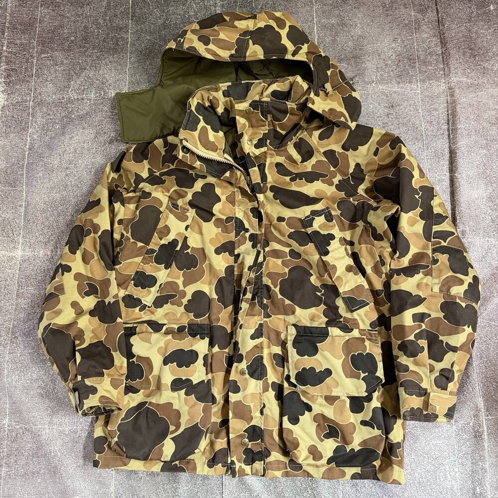 Men's Vintage 80's Columbia USA Gore Tex Camo Hooded Hunting Parka Jacket Sz L